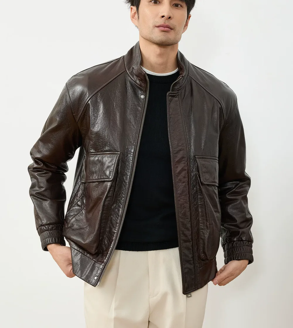Full-Grain Cowhide Biker Jacket — front view
