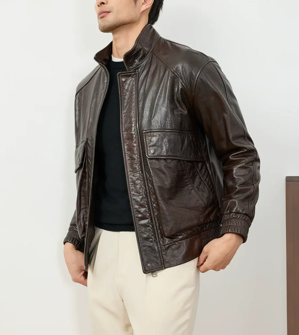 Full-Grain Cowhide Biker Jacket — back view