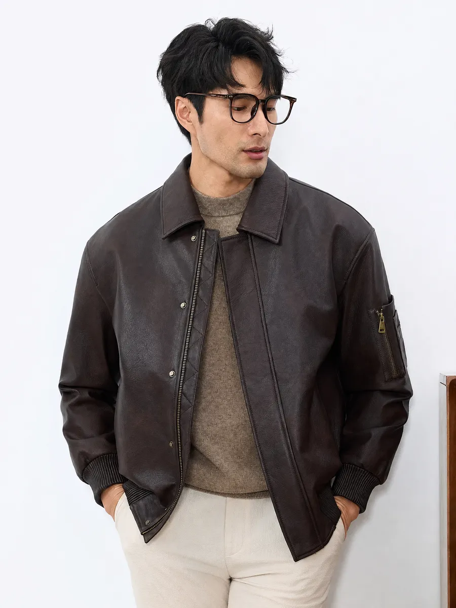 Goatskin Collar Biker Jacket — front view