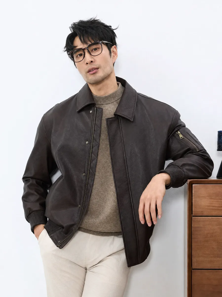 Goatskin Collar Biker Jacket — side view