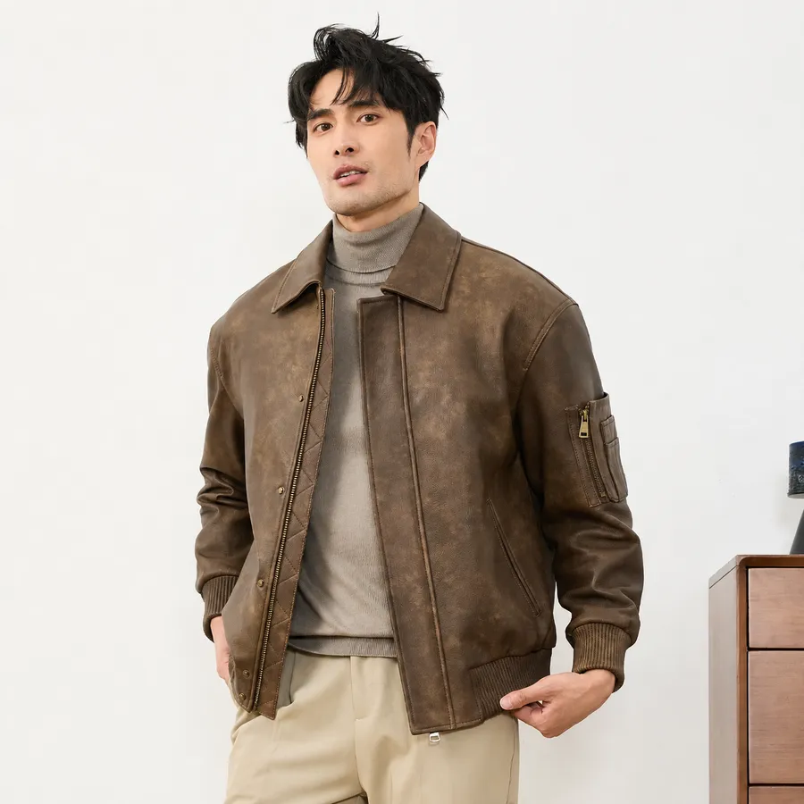 Goatskin Collar Biker Jacket — model view