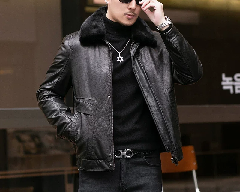 3-in-1 detachable down-lining leather jacket with mink fur collar