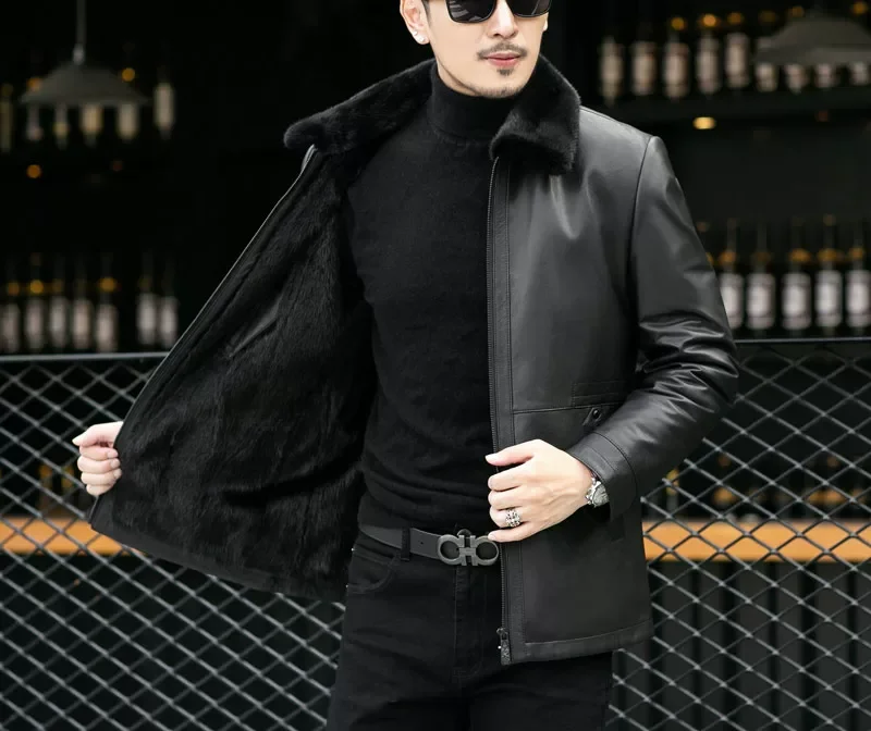 Full-mink calfskin leather coat — genuine mink lined mid-length luxury