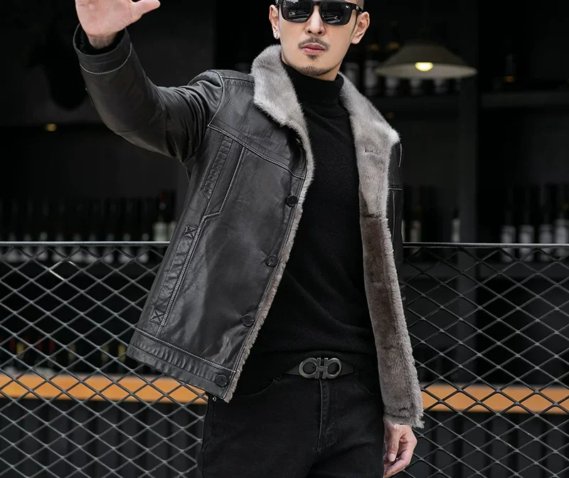 Goatskin shearling jacket — genuine shearling wool lining and collar