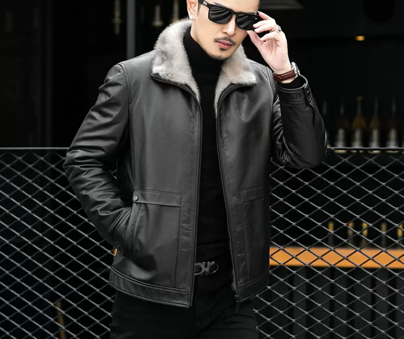 Mink-lined cowhide leather jacket — genuine fur lining, winter wholesale